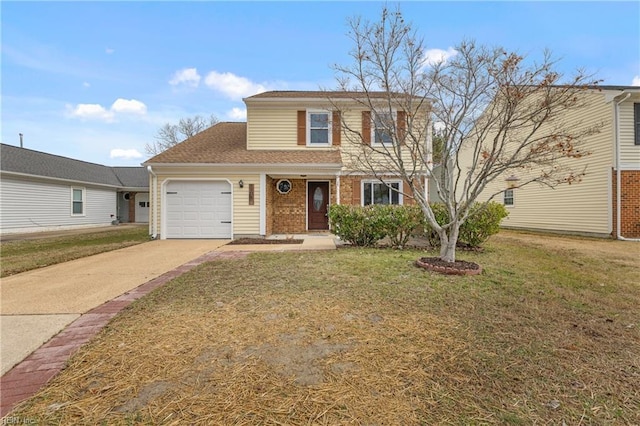 traditional-style house featuring concrete driveway, a front lawn, an attached garage, and brick siding