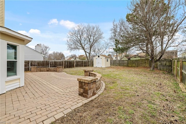 view of yard with an outbuilding, a fenced backyard, a patio, and a storage unit