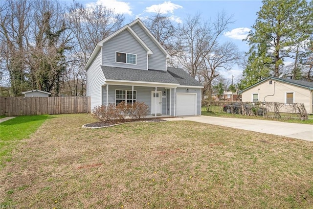 traditional home featuring covered porch, concrete driveway, a front lawn, and fence