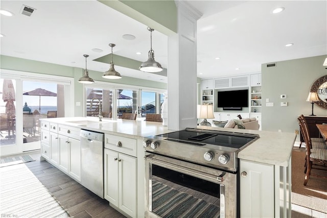 kitchen with appliances with stainless steel finishes, dark wood finished floors, a wealth of natural light, and a sink