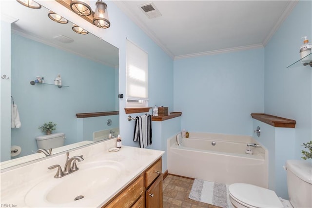 bathroom featuring a garden tub, crown molding, visible vents, toilet, and vanity