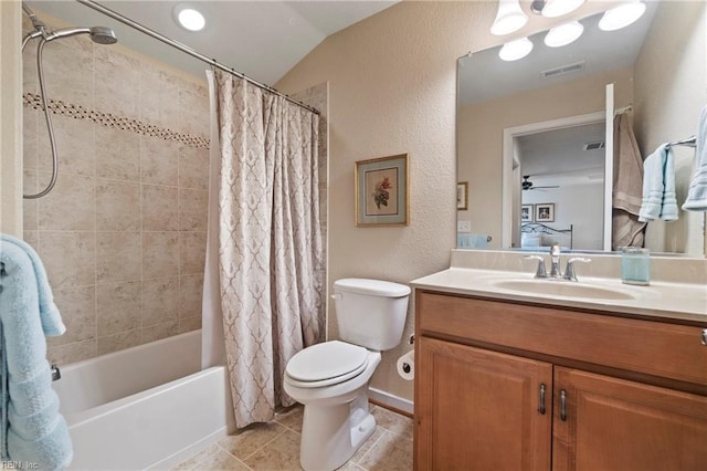 full bath with toilet, vanity, visible vents, tile patterned floors, and shower / tub combo with curtain