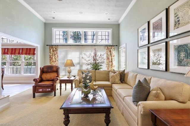 carpeted living area featuring crown molding