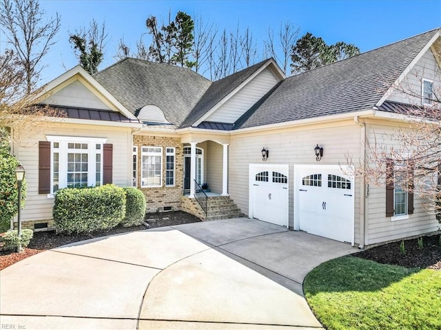 view of front of property featuring a standing seam roof, concrete driveway, a garage, and crawl space