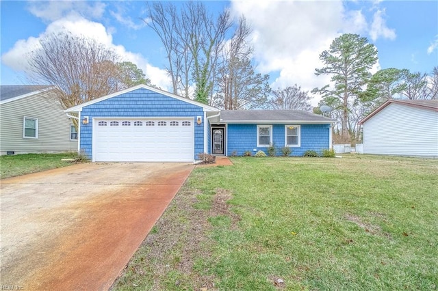 ranch-style house with an attached garage, a front lawn, and concrete driveway