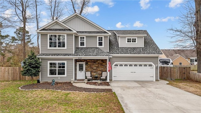 view of front of house featuring a garage, a shingled roof, driveway, and fence