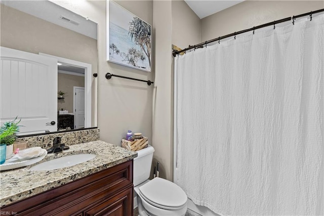 bathroom with a shower with shower curtain, visible vents, toilet, and vanity