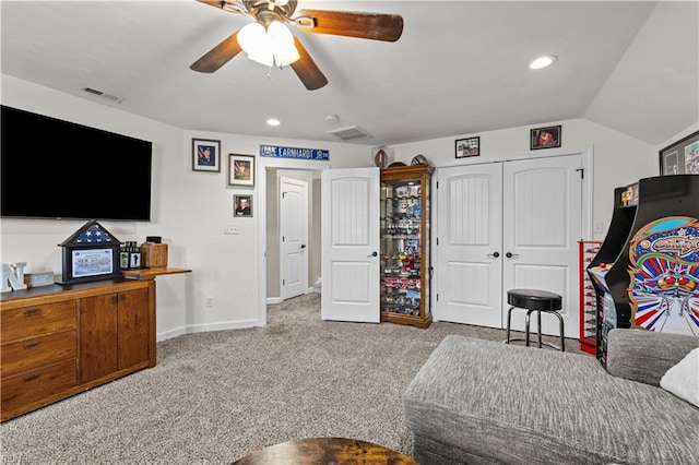 carpeted bedroom with visible vents, recessed lighting, a closet, baseboards, and vaulted ceiling