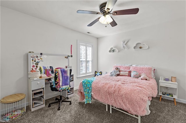 bedroom with a ceiling fan, carpet, visible vents, and baseboards