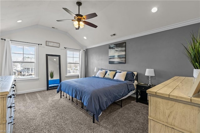 bedroom with visible vents, ornamental molding, carpet flooring, and vaulted ceiling