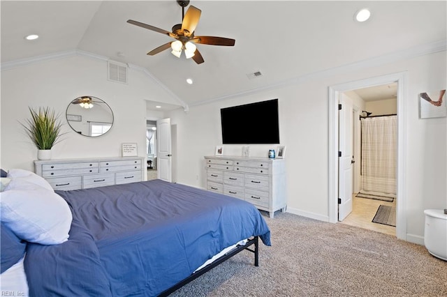 bedroom with vaulted ceiling, ornamental molding, visible vents, and light carpet