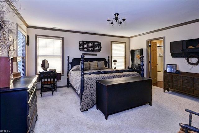 bedroom with light carpet, crown molding, and baseboards