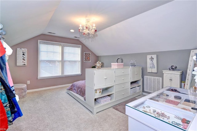 bedroom with lofted ceiling, visible vents, an inviting chandelier, carpet flooring, and baseboards