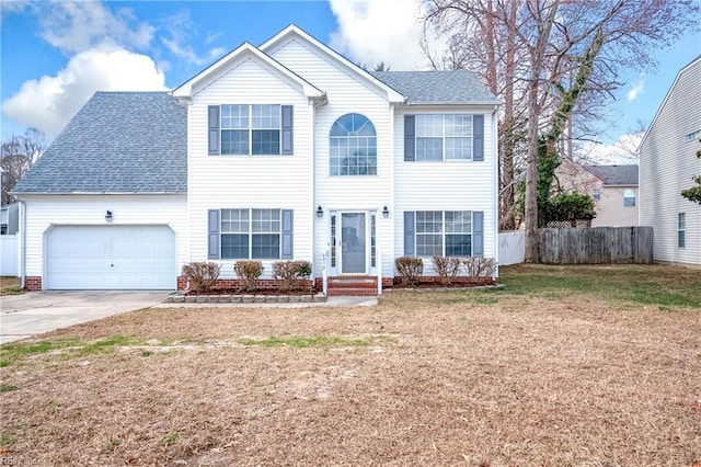 view of front of property with concrete driveway, fence, a garage, and a shingled roof