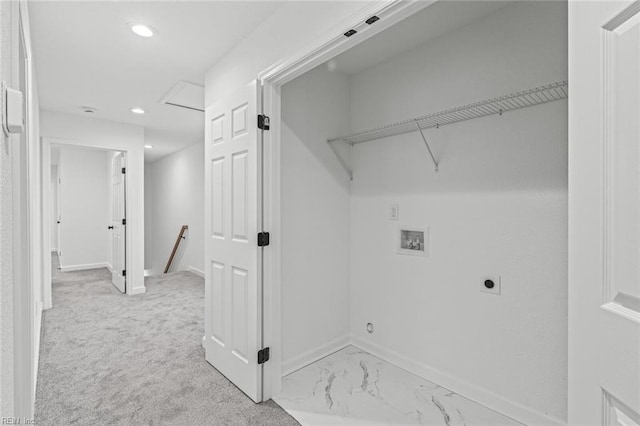 washroom featuring recessed lighting, hookup for an electric dryer, laundry area, washer hookup, and baseboards