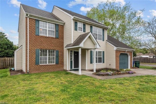 view of front of house featuring brick siding, fence, and driveway