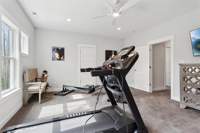 workout room featuring visible vents, baseboards, a ceiling fan, carpet floors, and recessed lighting