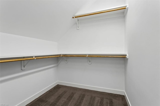 walk in closet with lofted ceiling and dark colored carpet