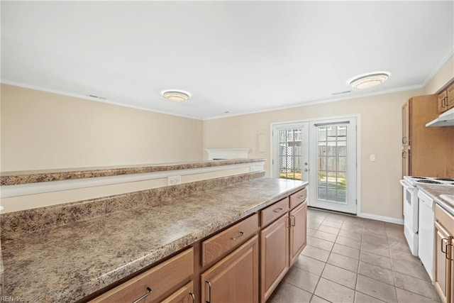 kitchen featuring light tile patterned floors, under cabinet range hood, ornamental molding, french doors, and white electric range oven