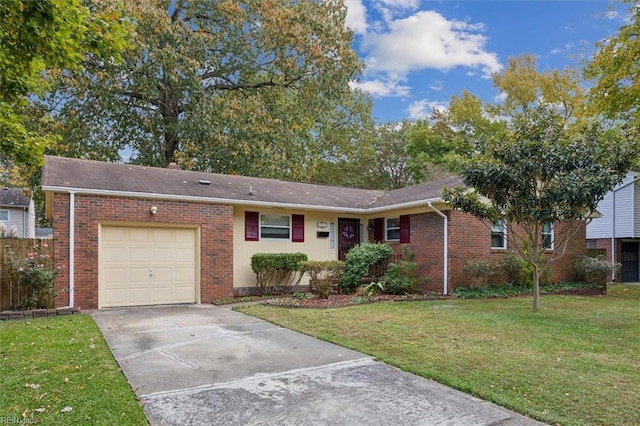 ranch-style house featuring brick siding, driveway, an attached garage, and a front yard