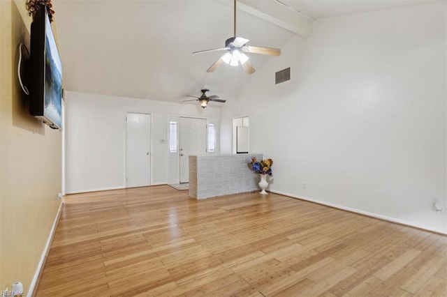 unfurnished living room featuring visible vents, light wood finished floors, high vaulted ceiling, ceiling fan, and beamed ceiling