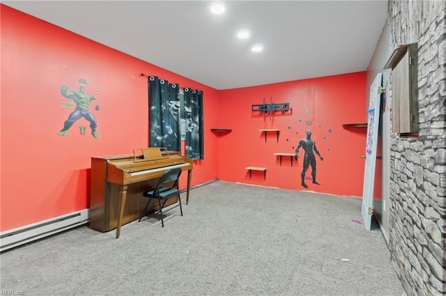 carpeted home office featuring recessed lighting and a baseboard radiator