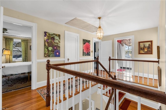 hall featuring an upstairs landing, a wealth of natural light, and wood finished floors