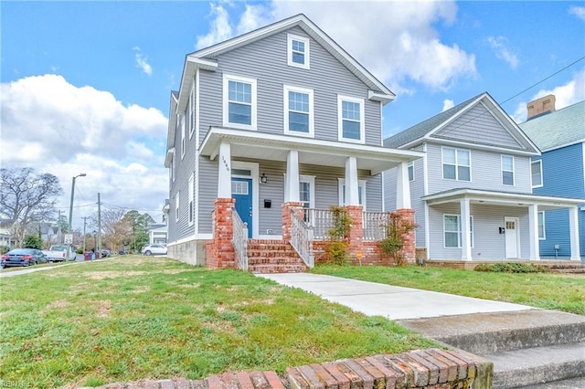 view of front of house featuring a porch and a front lawn