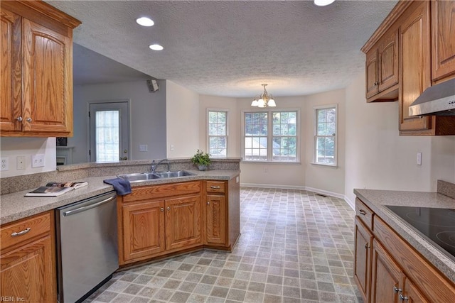 kitchen with brown cabinets, a peninsula, stainless steel dishwasher, black electric cooktop, and a sink