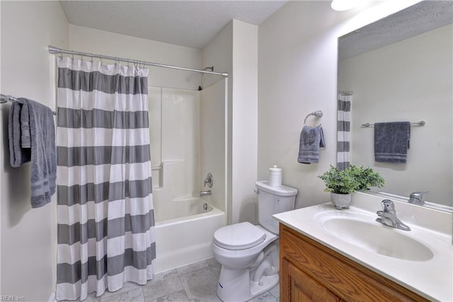 bathroom featuring vanity, shower / bathtub combination with curtain, tile patterned flooring, a textured ceiling, and toilet