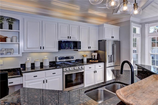 kitchen featuring a sink, crown molding, appliances with stainless steel finishes, white cabinetry, and open shelves