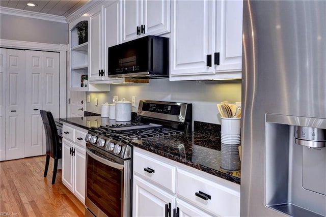 kitchen featuring white cabinetry, open shelves, ornamental molding, and stainless steel appliances