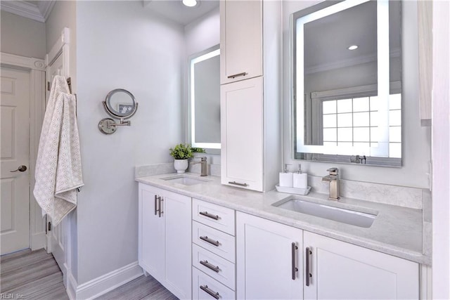 full bathroom featuring double vanity, crown molding, baseboards, and a sink