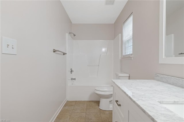 full bath featuring shower / bath combination, visible vents, toilet, tile patterned floors, and vanity