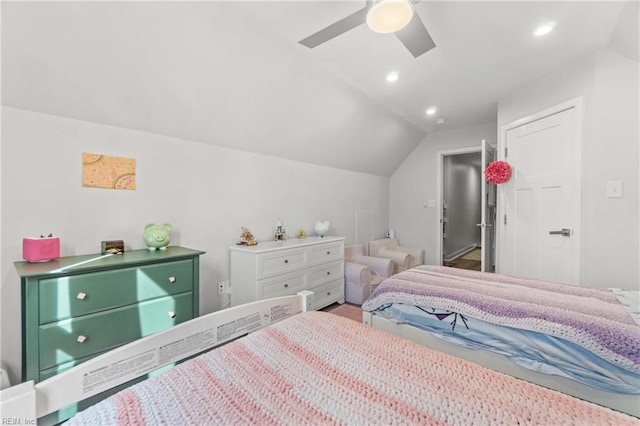 bedroom with lofted ceiling, ceiling fan, and recessed lighting