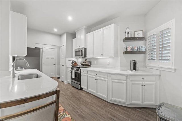 kitchen featuring appliances with stainless steel finishes, dark wood-type flooring, a sink, and white cabinetry