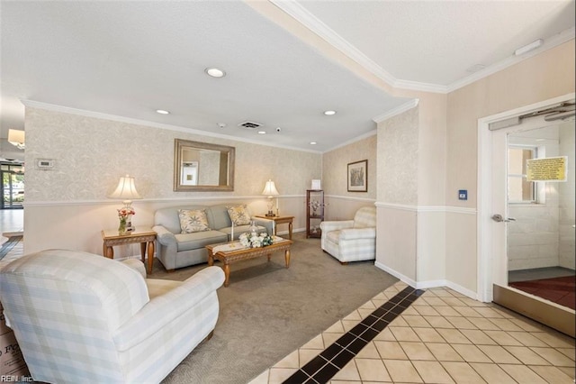 living room featuring wallpapered walls, visible vents, ornamental molding, tile patterned floors, and carpet