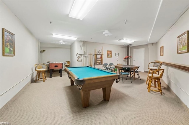 playroom featuring billiards and light colored carpet