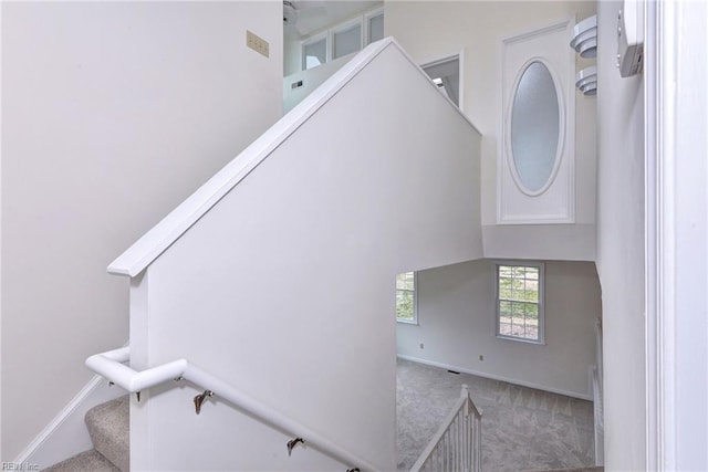 stairs featuring carpet floors and baseboards