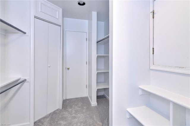 walk in closet featuring light colored carpet