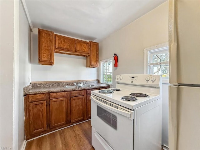 kitchen with white appliances, dark wood-type flooring, a sink, and brown cabinets