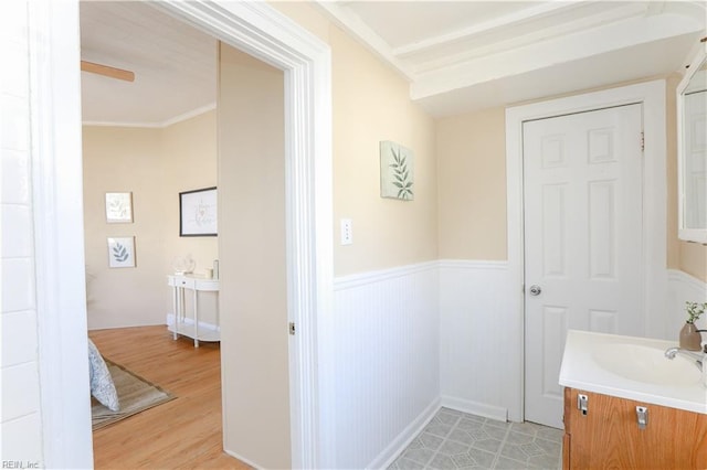 bathroom with vanity, wood finished floors, and wainscoting