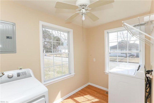 washroom featuring a ceiling fan, light wood-type flooring, laundry area, electric panel, and baseboards