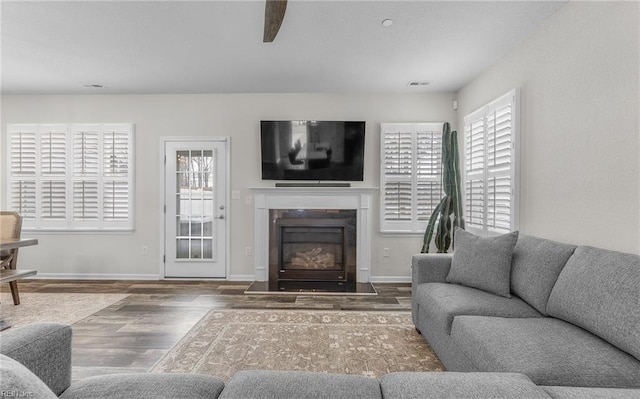 living room featuring a glass covered fireplace, wood finished floors, a wealth of natural light, and baseboards