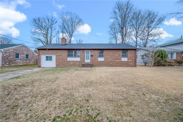 ranch-style home with crawl space, a front yard, a chimney, and brick siding