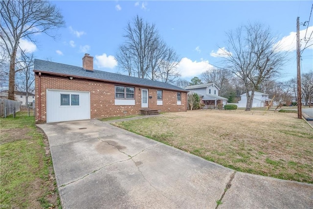 view of front of house featuring brick siding, a chimney, roof with shingles, fence, and a front yard