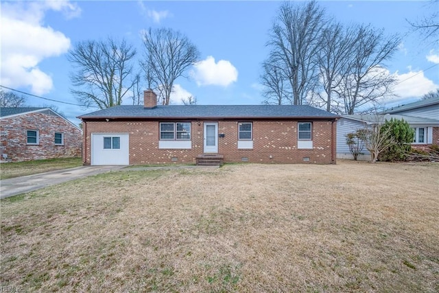 ranch-style house featuring a front yard, crawl space, brick siding, and a chimney