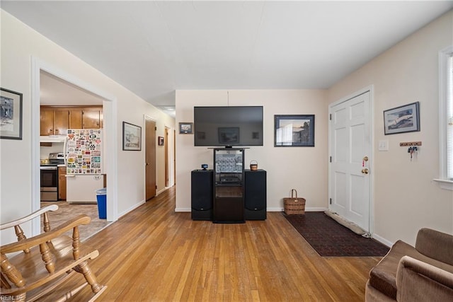 living room with light wood-style flooring and baseboards