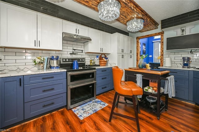 kitchen with range with two ovens, under cabinet range hood, and dark wood-style floors