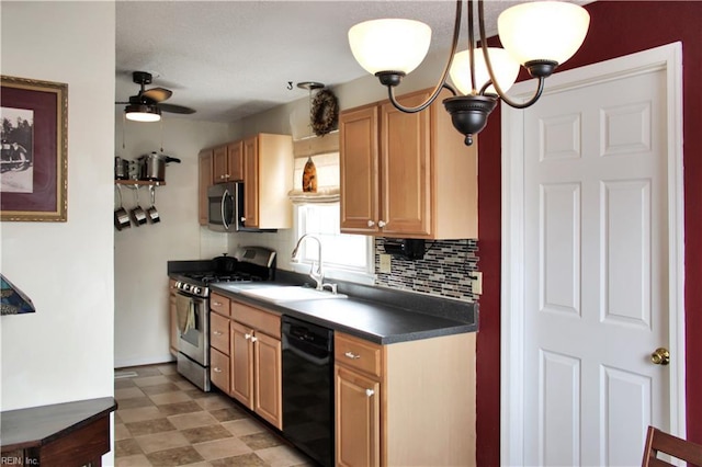 kitchen with light floors, a sink, stainless steel appliances, dark countertops, and backsplash